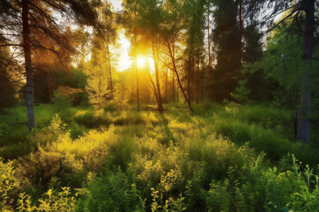 Sunset in the forest. Beautiful summer landscape. Sunrise in the forest.の素材