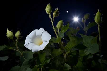 White morning glory flower on the background of the night sky with the moonの素材