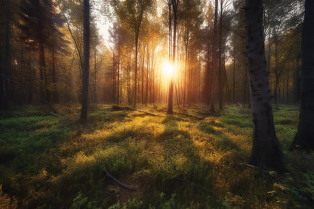 Sunset or sunrise in the forest with fog and rays of lightの素材