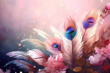 Beautiful feathers and flowers on bokeh background. Colorful feathersの素材
