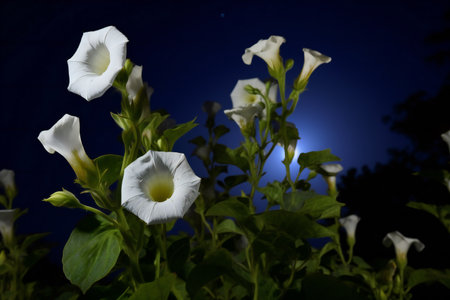 White petunia flowers on a dark blue background in the garden.の素材