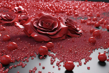 Red rose on a black background with red pearls.の素材