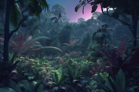 Fantasy landscape with ferns and tropical plants.の素材