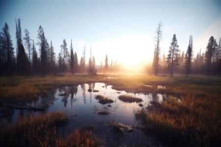 Sunrise over the lake in the morning mist. Beautiful nature landscape.の素材