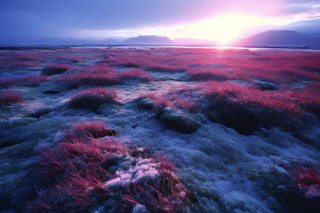 beautiful winter landscape with red grass on the sea coast at sunsetの素材