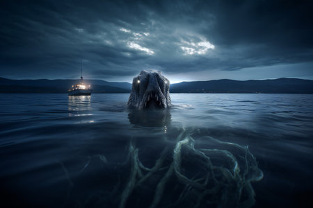 Humpback whale in the sea at night, Bled, Sloveniaの素材