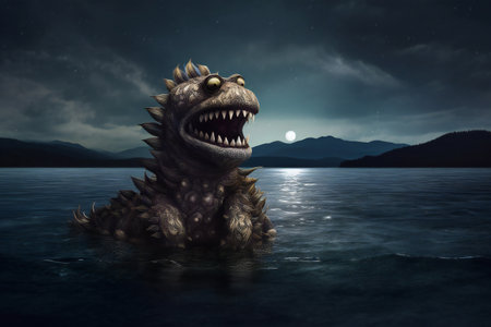 Fantasy monster on the sea at night.の素材
