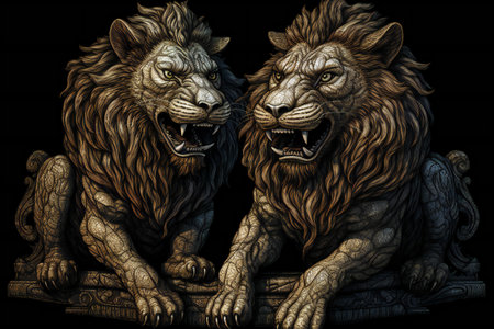 Lion and lioness on a black background. Digital painting.の素材