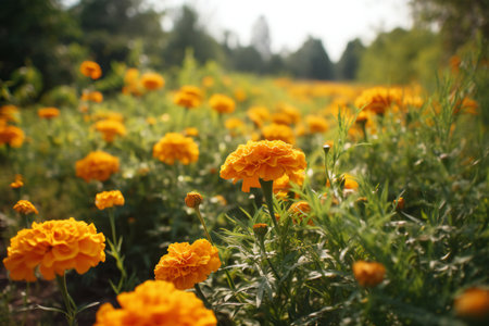 Beautiful marigold flowers in the garden. Selective focus.の素材