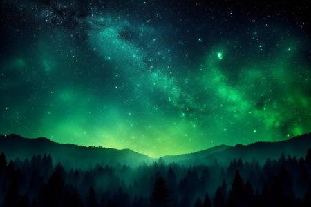 Milky Way over the mountains in the night. Aurora borealis.の素材