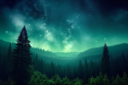 Fantastic aurora borealis over the forest in the mountainsの素材