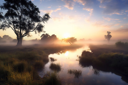 Sunrise over the river with fog and trees in the foreground.の素材