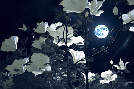 Beautiful white flowers and moon in the night sky,の素材