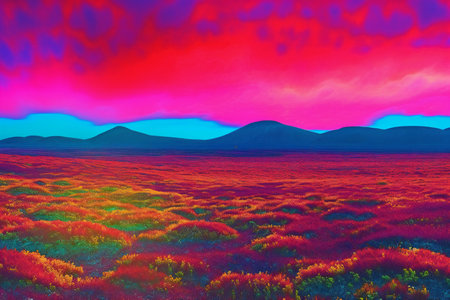 Fantasy landscape with red wildflowers and mountains at sunset.の素材
