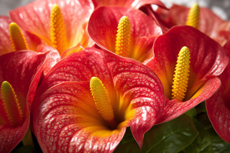 Close up of beautiful anthurium flowers on light background, floral backgroundの素材