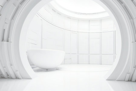 White modern bathroom interior with white walls, concrete floor and white bathtub.の素材