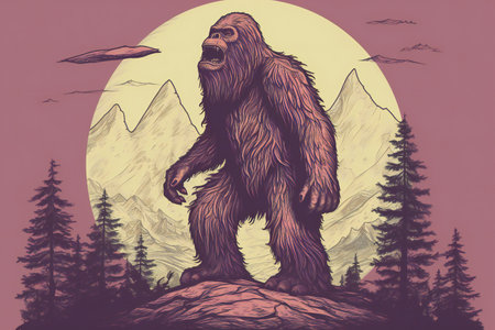 Illustration of a gorilla on a rock in front of a full moonの素材