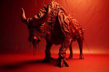 Fantasy illustration with a bull made of clay on a red backgroundの素材
