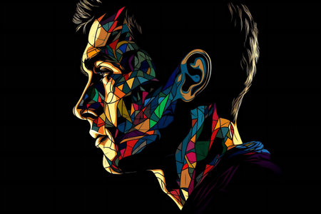 Man with colorful stained glass pattern on his face,の素材