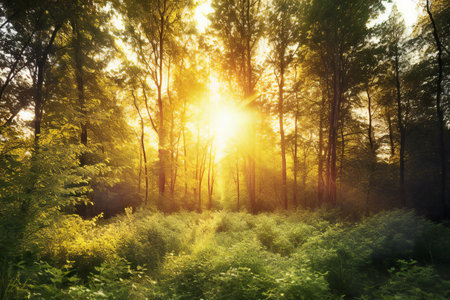 Sunset or sunrise in a summer forest with sunbeams passing through the treesの素材