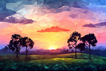 Polygonal landscape with sunset and silhouettes of trees.の素材
