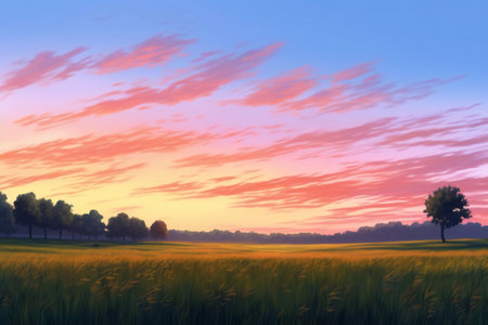 Sunset over a field of wheat and trees in the background.の素材