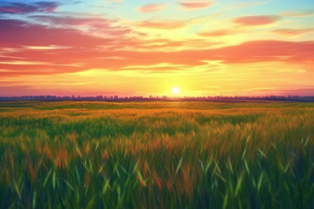 Sunset or sunrise over a green field with ears of young rye or wheat. Landscape.の素材