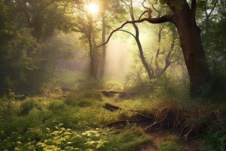 Morning in the forest with sun rays passing through the trees and leavesの素材