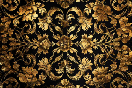 Vintage gold floral ornament on black background. Fragment of artwork.の素材