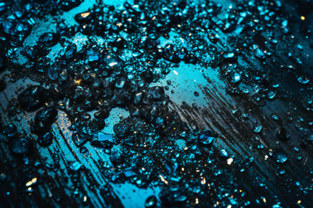Blue water drops on black background. Abstract background. Copy space.の素材