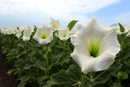 White flowers of Datura in the field, closeup of photoの素材