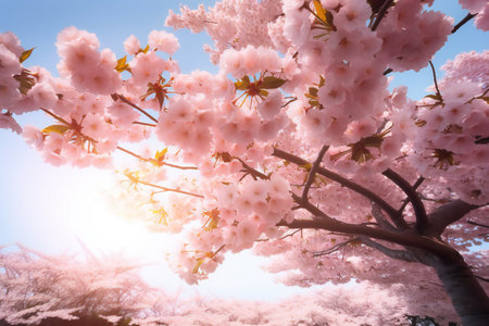 Cherry blossoms in full bloom on a sunny spring day.の素材