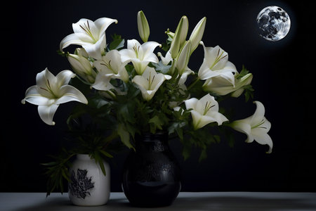 Bouquet of white lilies in vase and moon on black backgroundの素材