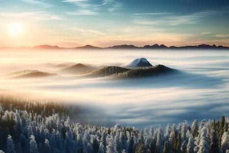 Foggy winter sunrise in the mountains. Carpathians, Ukraine, Europe.の素材