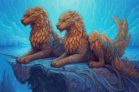 illustration of two lions in the sea. Digital painting.の素材