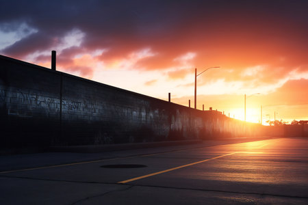 Sunset over a road in downtown Los Angeles, California, USAの素材