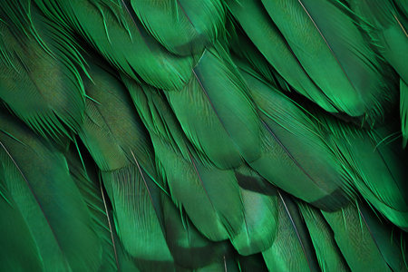 Green parrot feathers background. Close-up of green parrot feathers.の素材