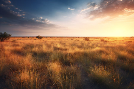 Beautiful sunset over the steppe. Kazakhstan. Toned.の素材