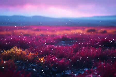 Beautiful fantasy landscape with red grass and purple sky.の素材