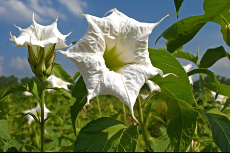 Datura stramonium is a perennial plant with white flowers.の素材