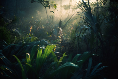 Beautiful tropical forest with fog and sunlight in the morning, Thailandの素材