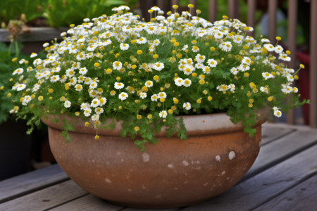 Chamomile flowers in a clay pot on the terraceの素材