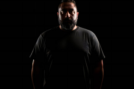Portrait of a bearded man in a black t-shirt on a dark backgroundの素材