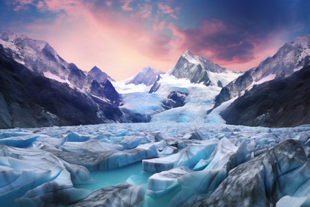 Fantasy landscape with icebergs in front of the blue sky.の素材