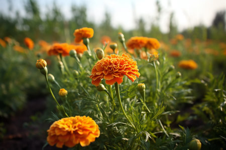 Beautiful marigold flowers in the field, close-upの素材
