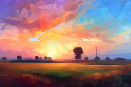 Sunset in the field.  illustration of a sunset over the field.の素材