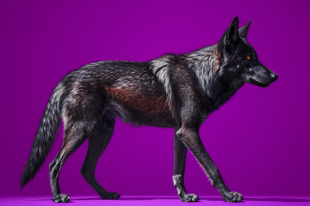 a wolf isolated on purple background, side viewの素材