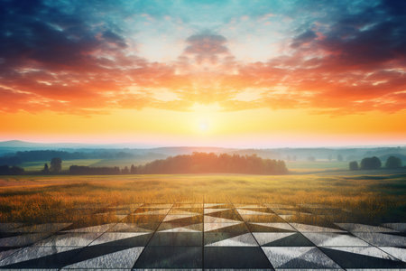 Sunset over the meadow with wooden floor.の素材