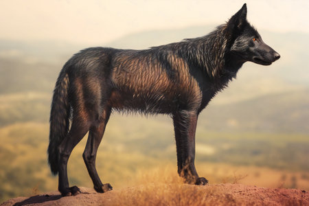 Portrait of a black wolf standing on a hill in the morning lightの素材