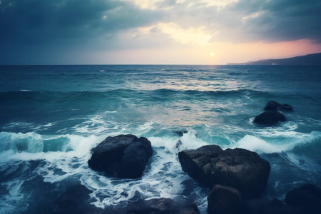 Beautiful seascape at sunset. Nature composition. Vintage style.の素材